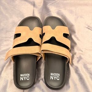 Madden NYC Tan and Black Sandal Slides Size 9.5